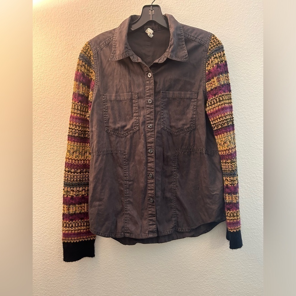 We The Free People Gray Chambray Striped Knit Sweater Sleeve Shirt Sz Small
